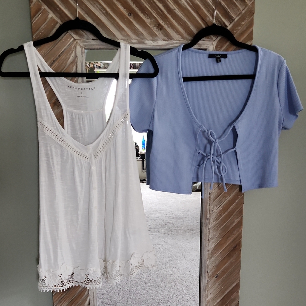 Aeropostale White Crochet Trim Tank and Blue Lace-Up Top